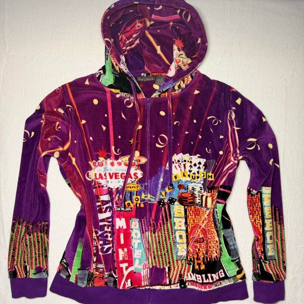 rare vintage y2k french postcards rhinestone velour las vegas zip up hoodie size